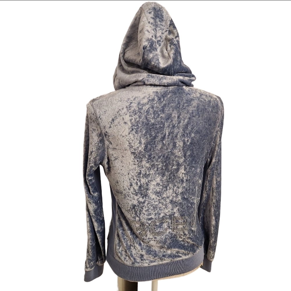 Vintage 90s Y2K BCBGMaxazria Rhinestone Velour Zip Up Hooded Track Jacket Blue - Picture 5 of 16